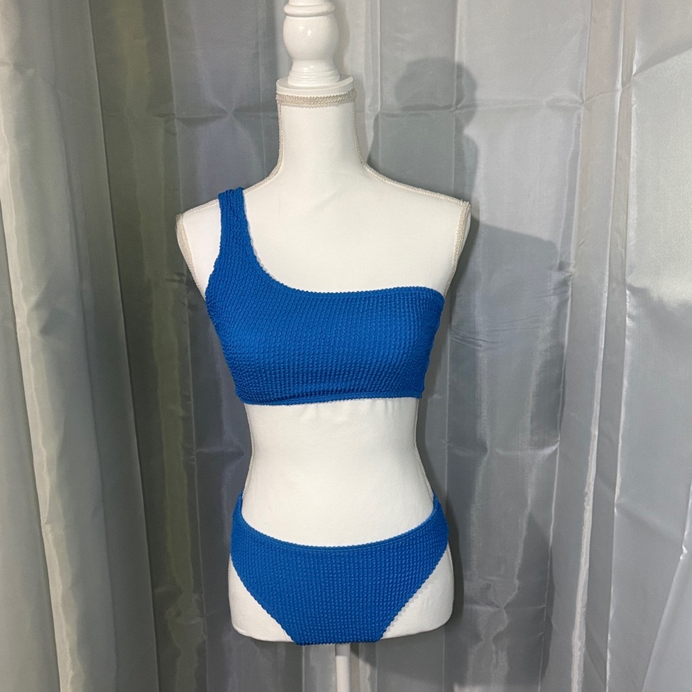 Blue One-Shoulder Textured Bikini - Women Swim